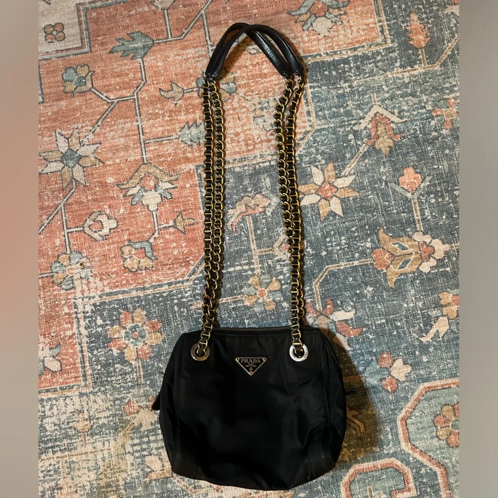 Prada Black Nylon Shoulder Bag with Gold Chain - Picture 3 of 10